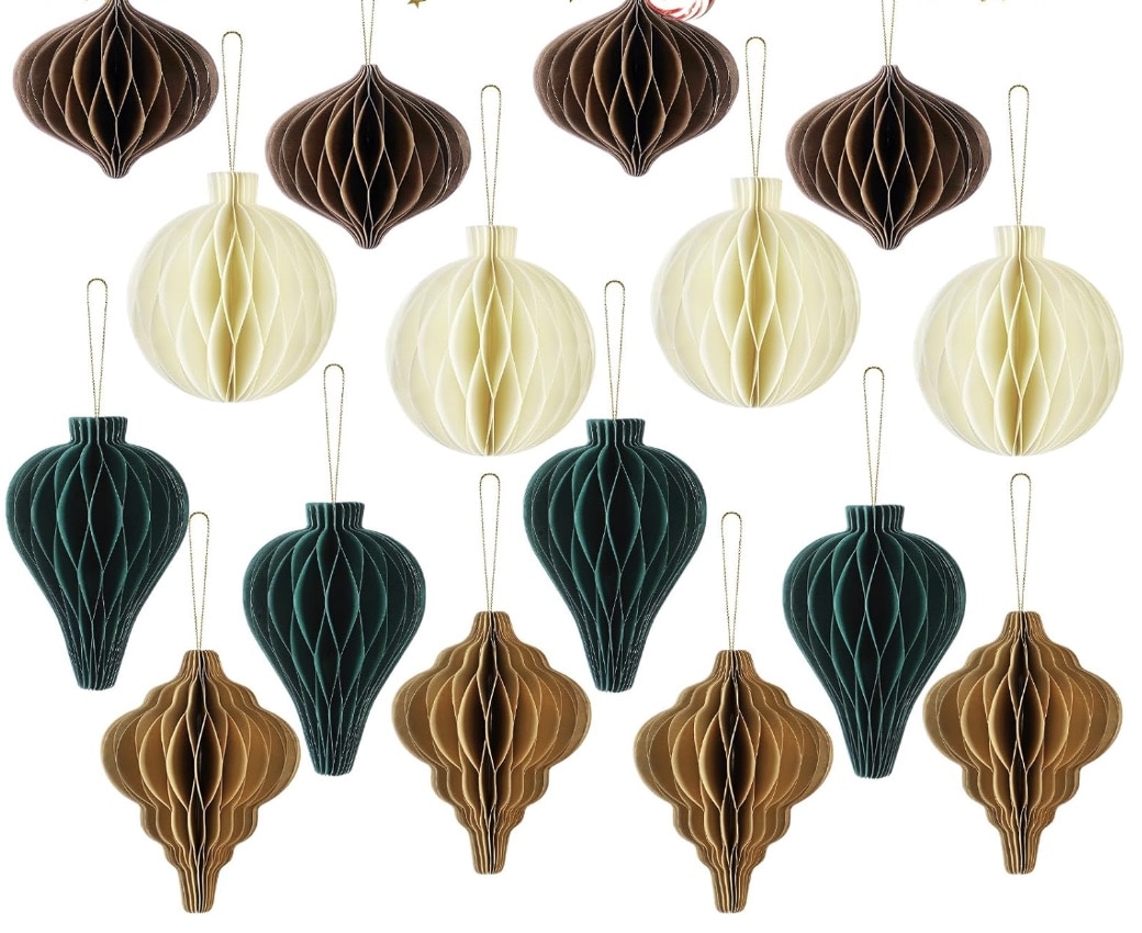 A collection of paper honeycomb decorations in various shapes and sizes, perfect for your Christmas tree. Featuring brown, cream, dark green, and gold colors, each ornament comes with a loop for easy hanging.